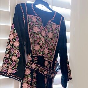 Black velvet thoub with pink and green embroidery